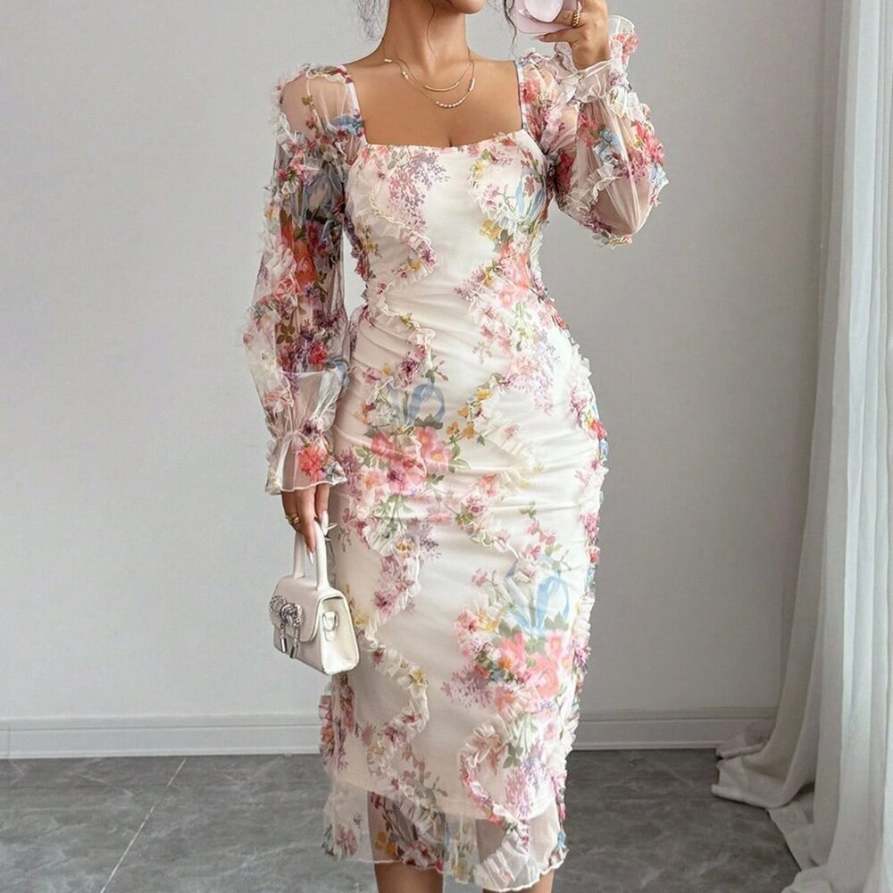 Multicolor Elegant Women's Romantic Floral Mesh Midi Dress